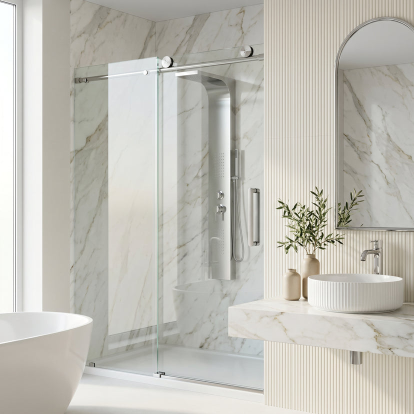 Elan 56 to 60 in. W X 76 in. H Frameless Sliding Shower Door 3/8" Clear Glass in Stainless Steel with Elan 4 in. Square Shower Drain in Brushed Nickel