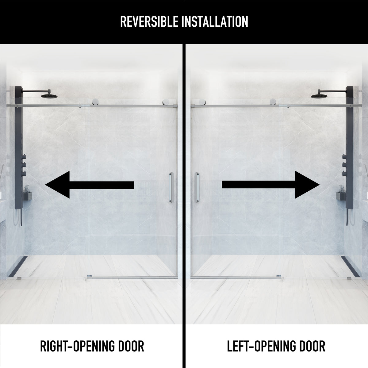Elan 56 to 60 in. W X 76 in. H Frameless Sliding Shower Door 3/8" Clear Glass in Stainless Steel with Elan 4 in. Square Shower Drain in Brushed Nickel