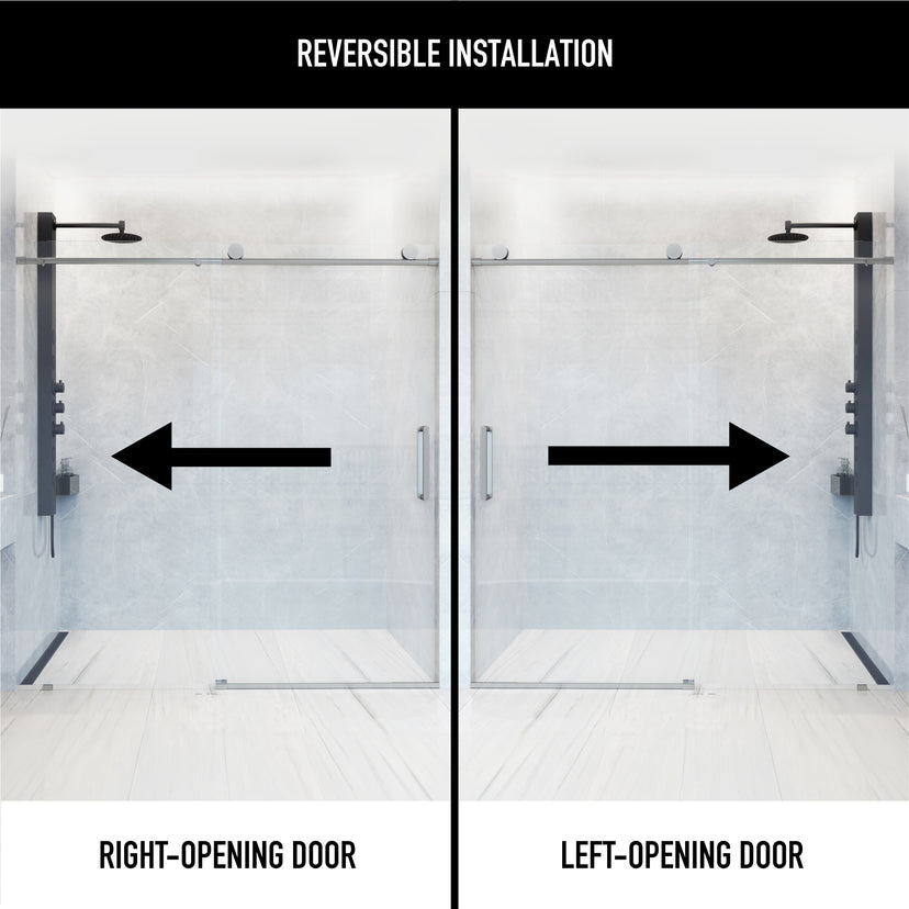 Elan 56 to 60 in. W X 76 in. H Frameless Sliding Shower Door 3/8" Clear Glass in Stainless Steel with Elan 4 in. Square Shower Drain in Brushed Nickel