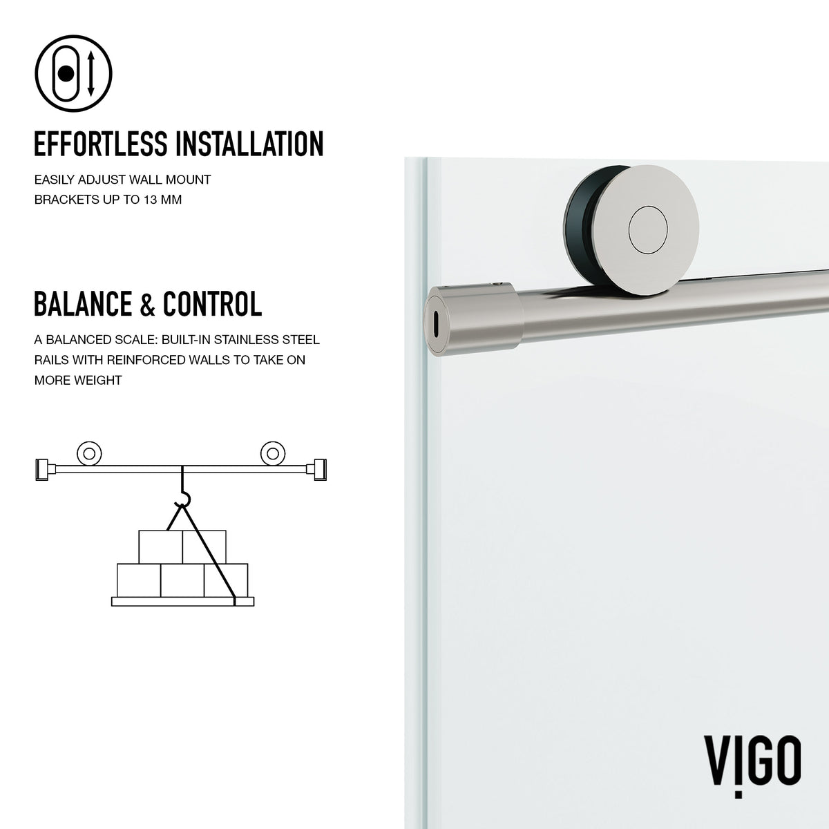 Elan 56 to 60 in. W X 76 in. H Frameless Sliding Shower Door 3/8" Clear Glass in Stainless Steel with Elan 4 in. Square Shower Drain in Brushed Nickel