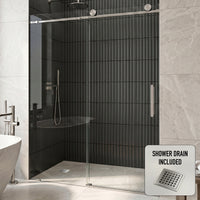 Elan 56 to 60 in. W X 76 in. H Frameless Sliding Shower Door 3/8" Clear Glass in Stainless Steel with Elan 4 in. Square Shower Drain in Brushed Nickel