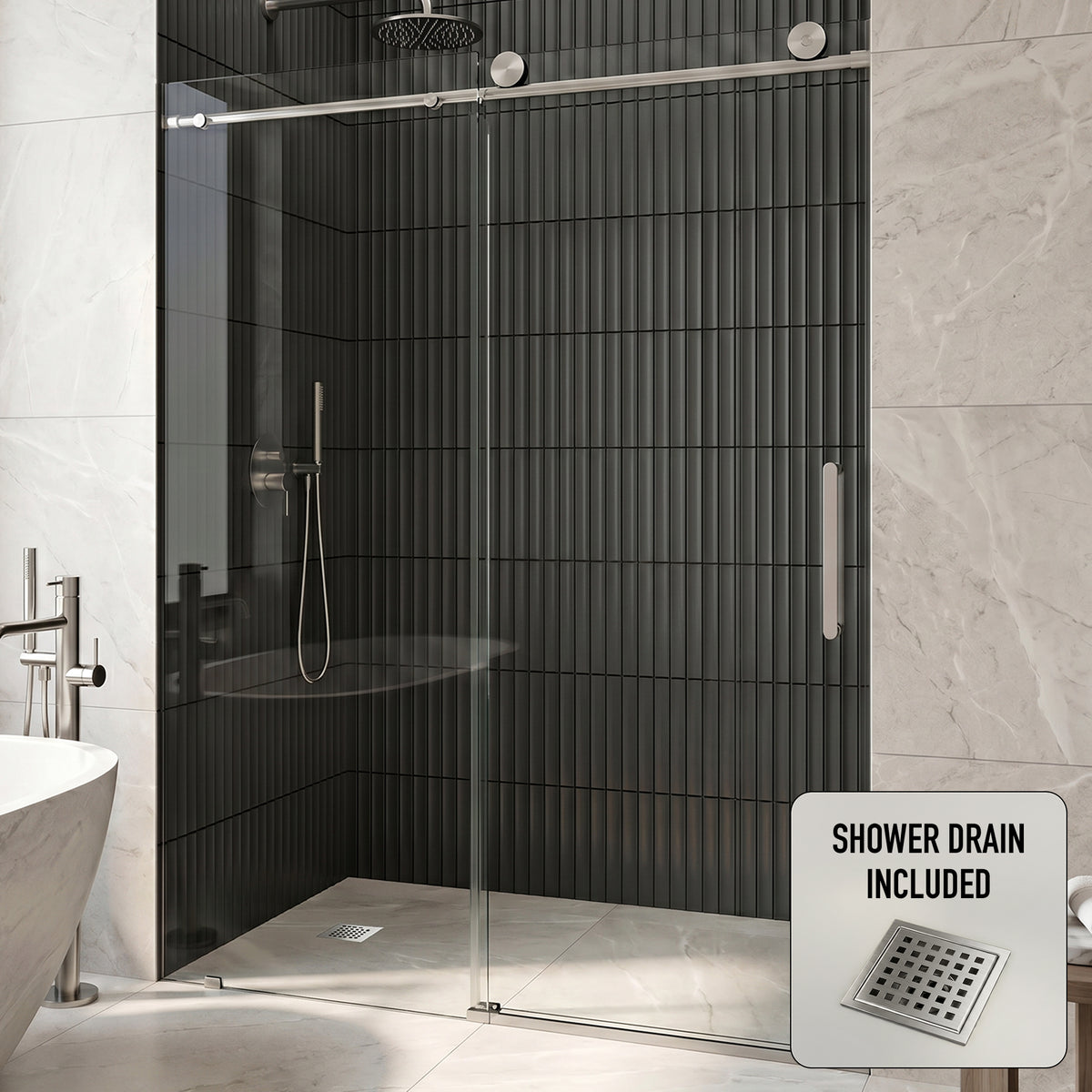 Elan 56 to 60 in. W X 76 in. H Frameless Sliding Shower Door 3/8" Clear Glass in Stainless Steel with Elan 4 in. Square Shower Drain in Brushed Nickel