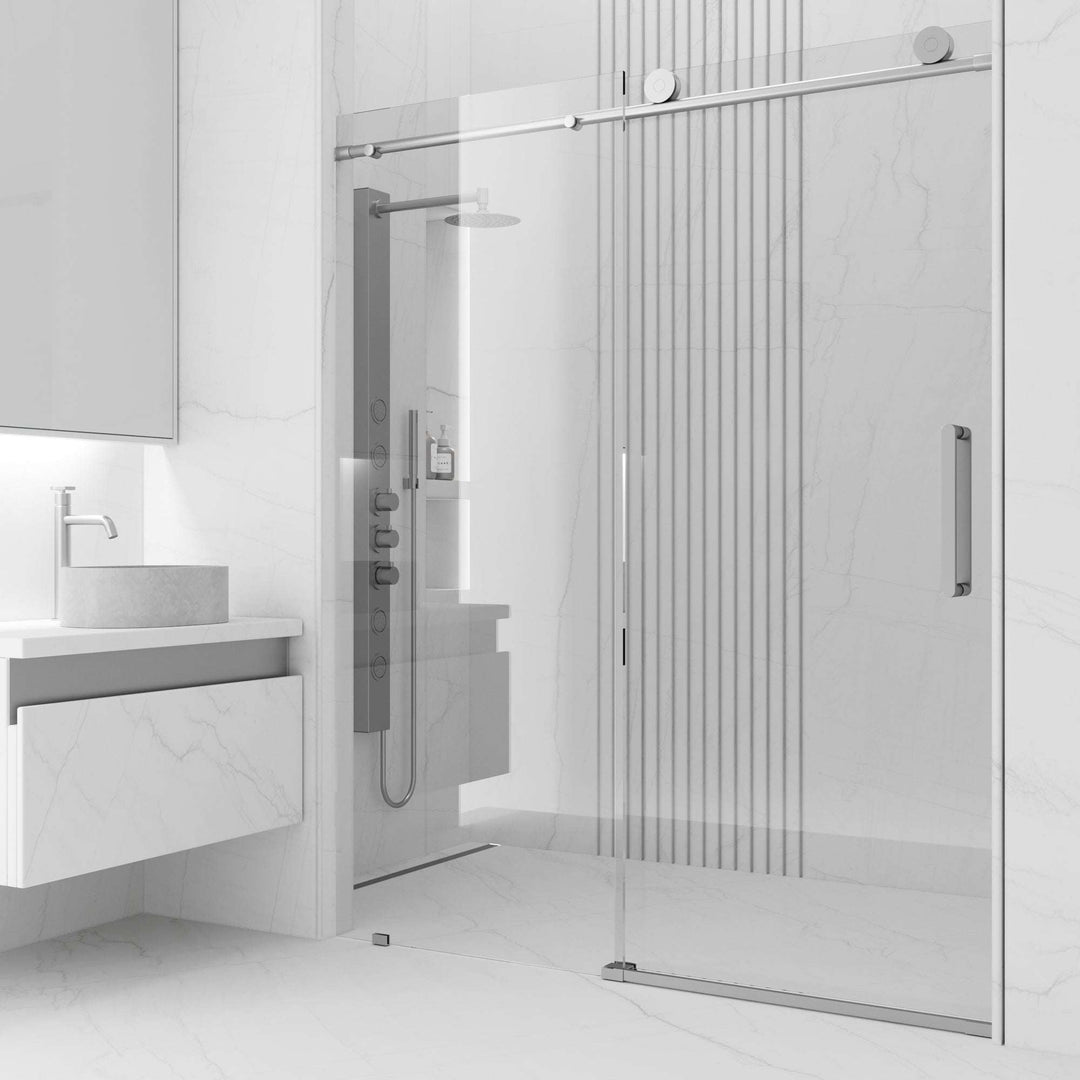 Stainless steel frameless sliding shower door with tempered clear glass and VMotion technology