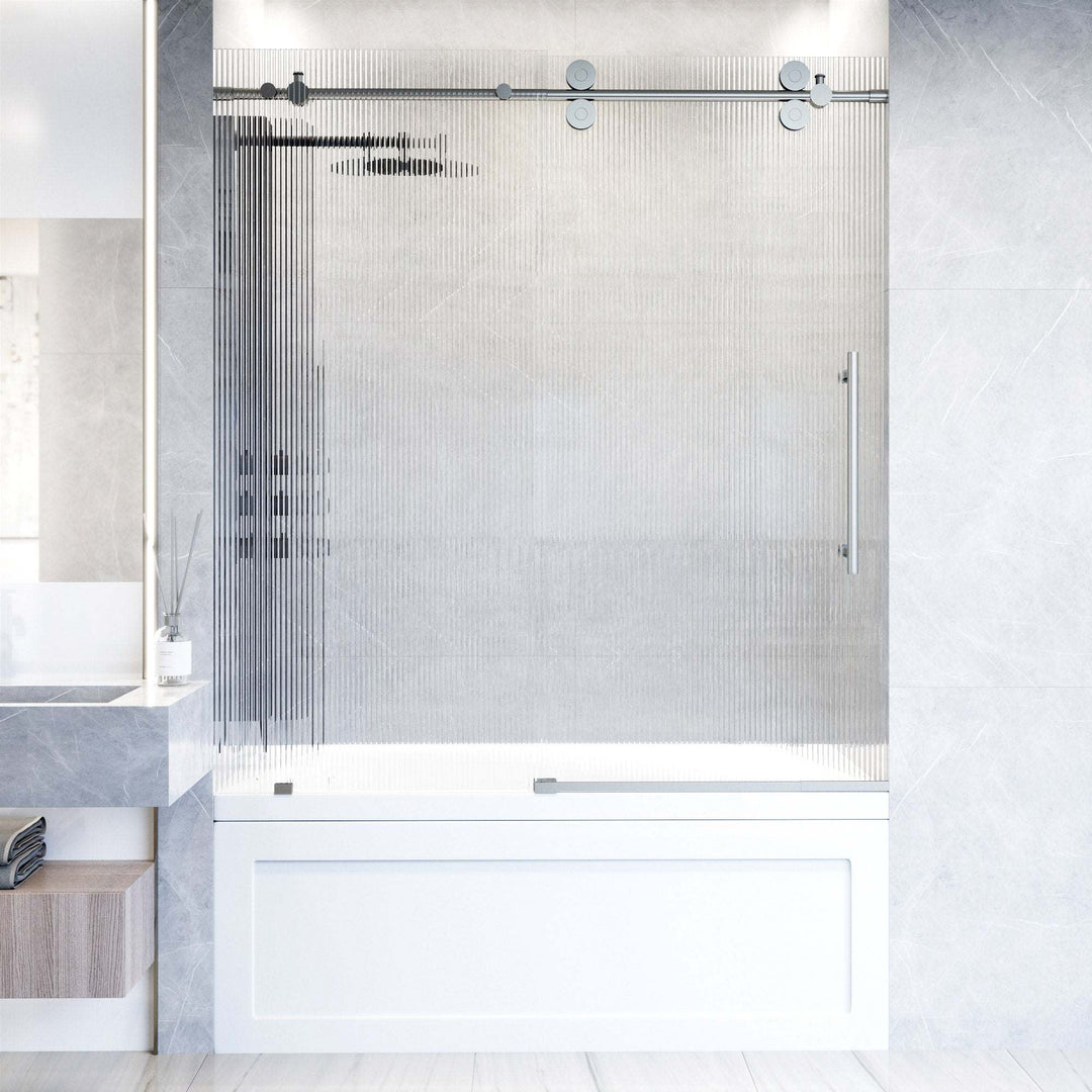 Stainless steel frameless sliding tub door with fluted tempered glass