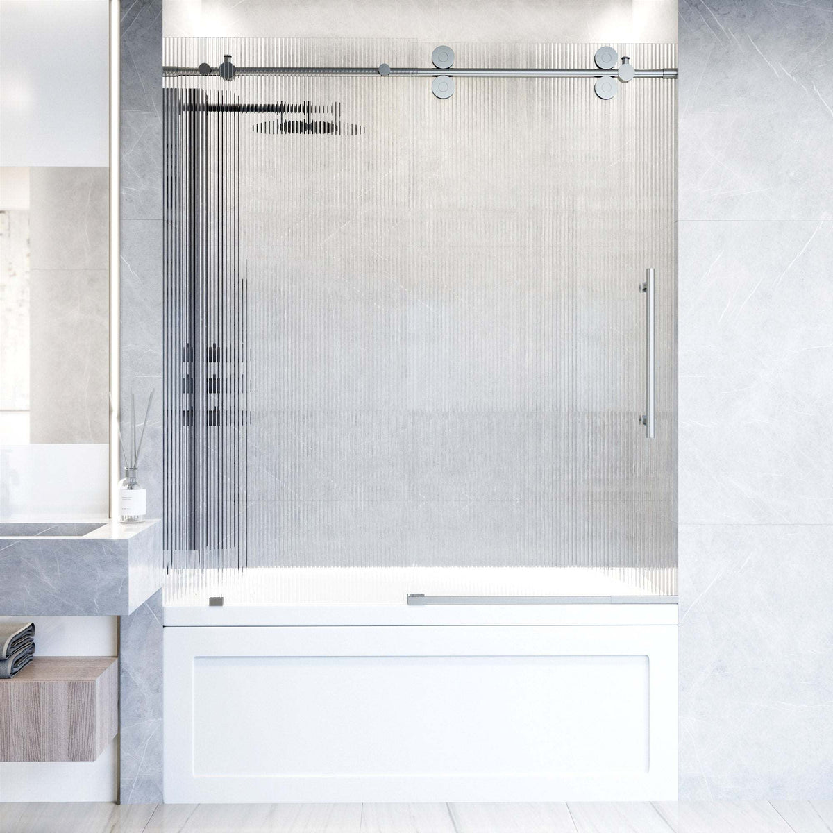 Stainless steel frameless sliding tub door with fluted tempered glass