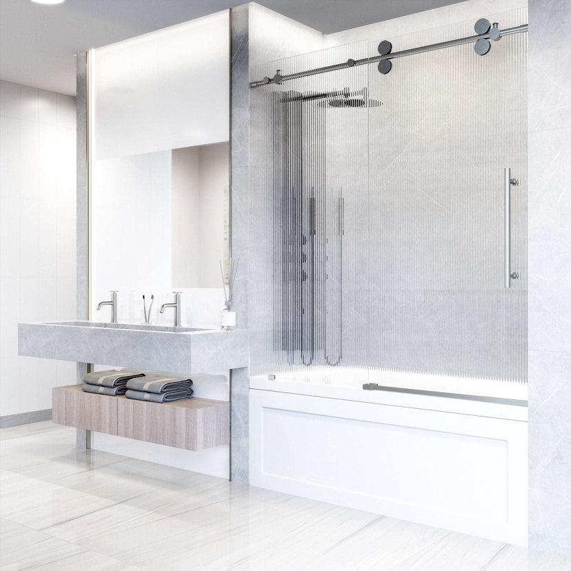 Stainless steel finish sliding door with exposed rollers and fluted glass