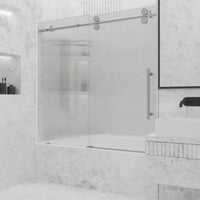 Adjustable width frameless door with fluted glass and right handle position