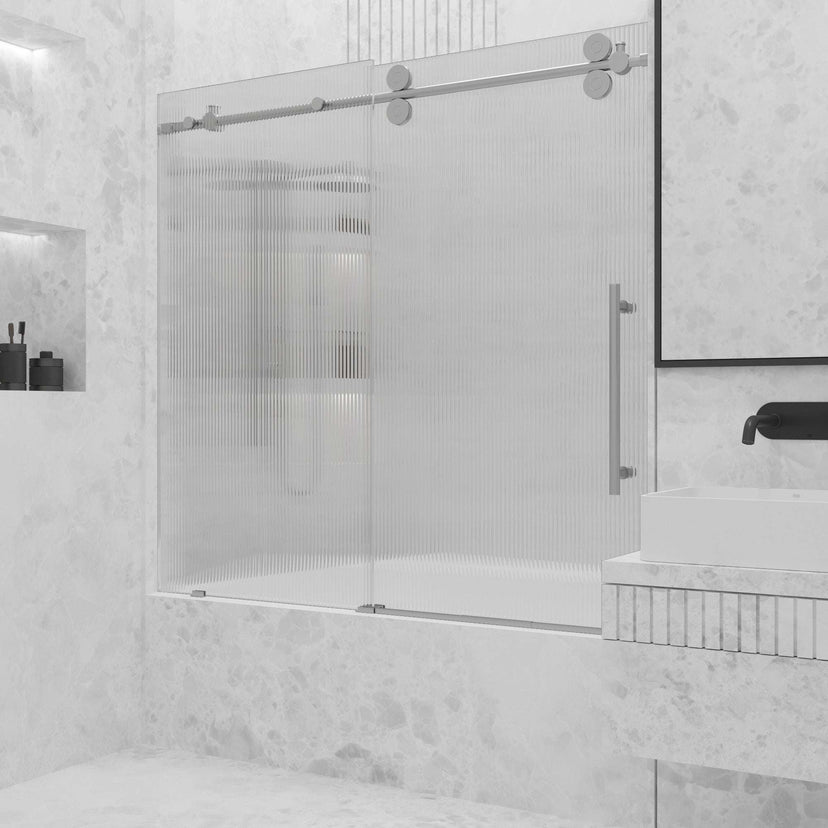 Adjustable width frameless door with fluted glass and right handle position