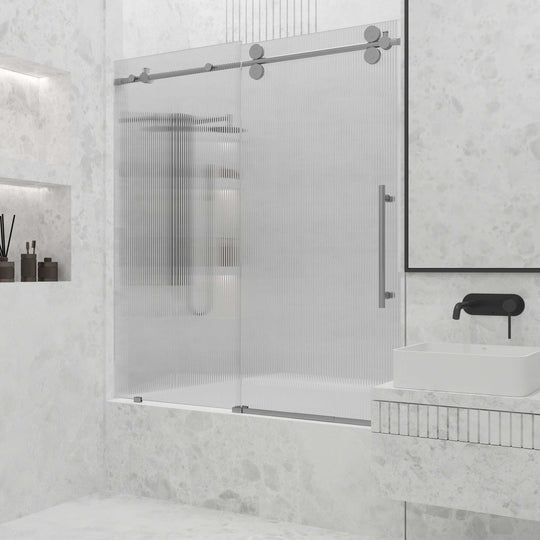 Right installation sliding shower door with fluted glass and cool touch design