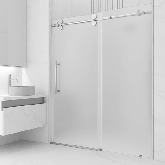 Stainless steel frameless sliding shower door with frosted glass, 56 to 60 in. width, left installation