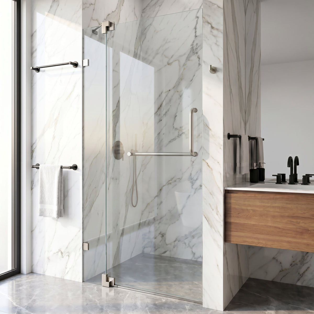 Pirouette 30 to 36 in. W x 72 in. H Frameless Pivot Shower Door and Meridian 4-Piece Bath Hardware Set in Brushed Nickel