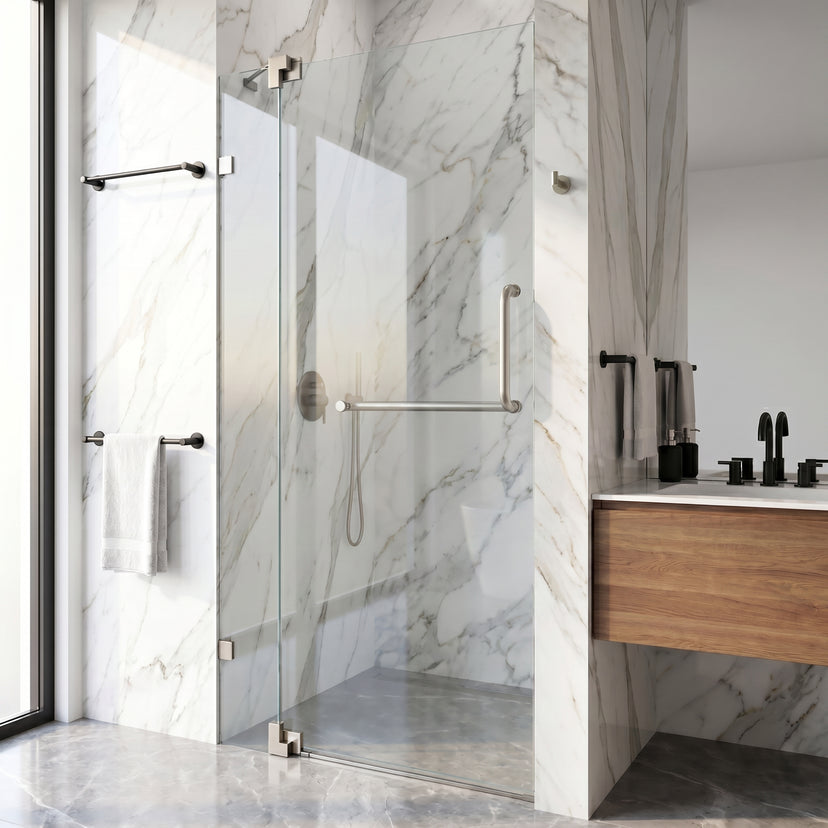 Pirouette 30 to 36 in. W x 72 in. H Frameless Pivot Shower Door and Meridian 4-Piece Bath Hardware Set in Brushed Nickel