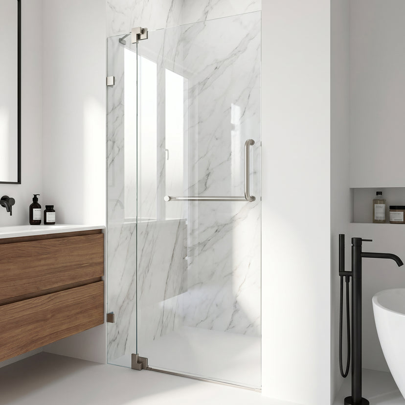 Pirouette 30 to 36 in. W x 72 in. H Frameless Pivot Shower Door and Meridian 4-Piece Bath Hardware Set in Brushed Nickel