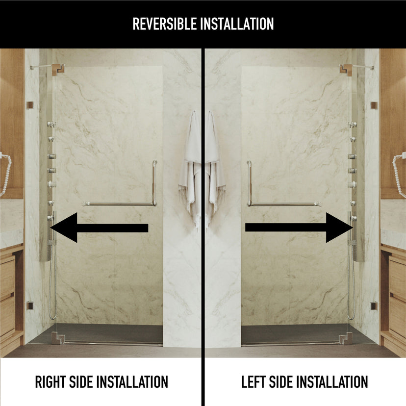 Pirouette 30 to 36 in. W x 72 in. H Frameless Pivot Shower Door and Meridian 4-Piece Bath Hardware Set in Brushed Nickel