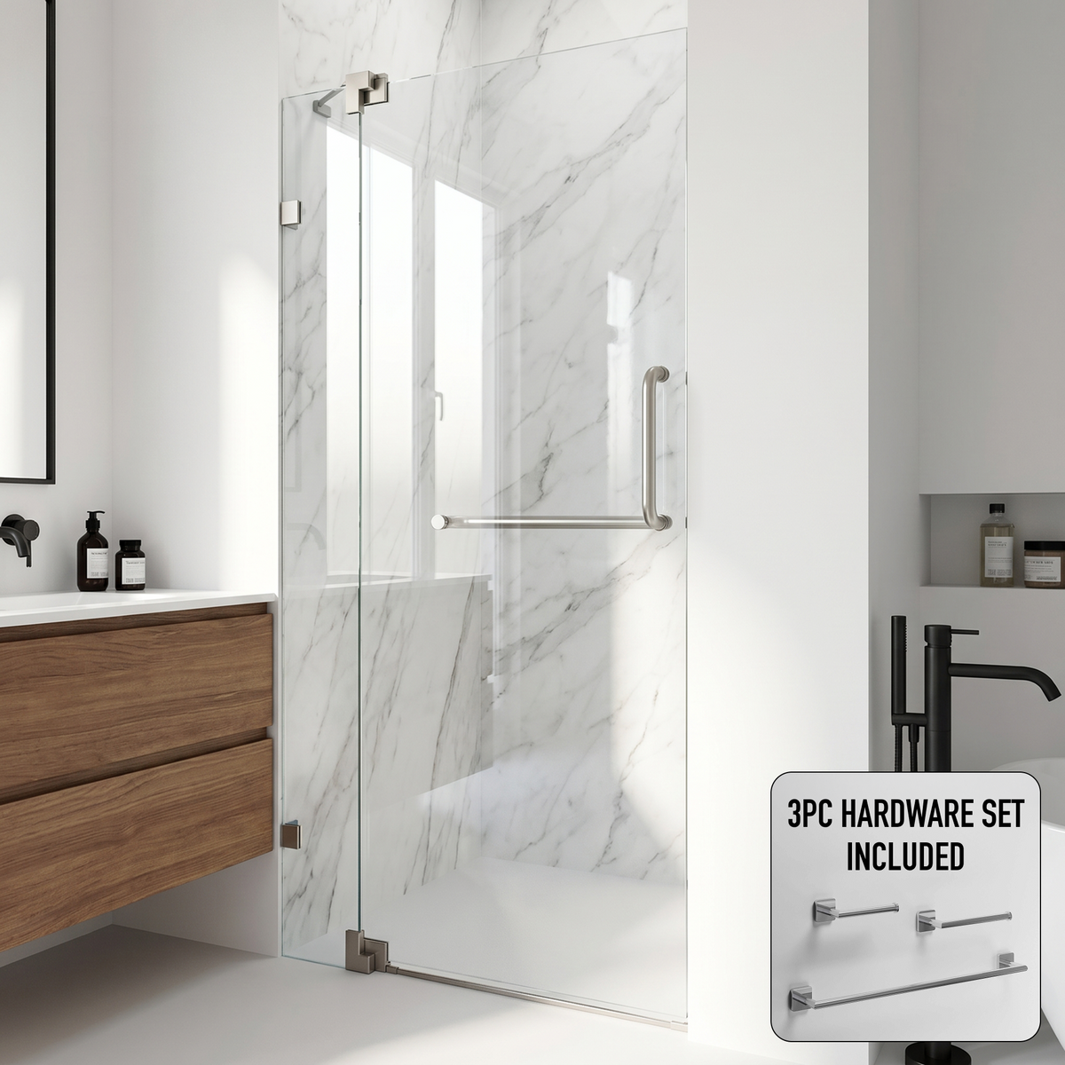 Pirouette 36 to 42 in. W x 72 in. H Frameless Pivot Shower Door and Satro 3-Piece Bath Hardware Set in Brushed Nickel