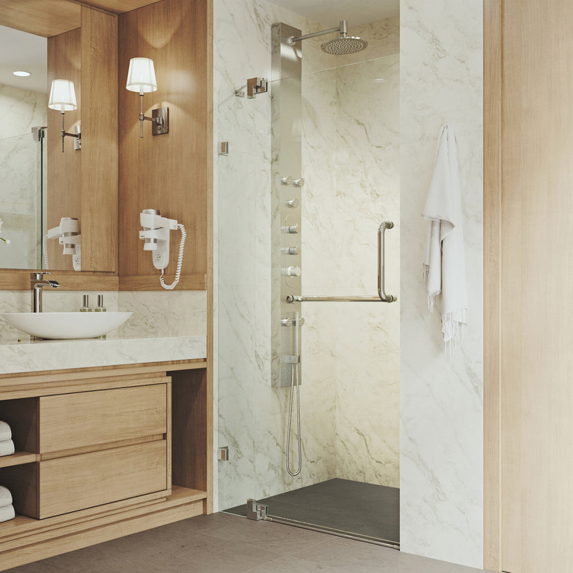 Pirouette 36 to 42 in. W x 72 in. H Frameless Pivot Shower Door and Satro 3-Piece Bath Hardware Set in Brushed Nickel