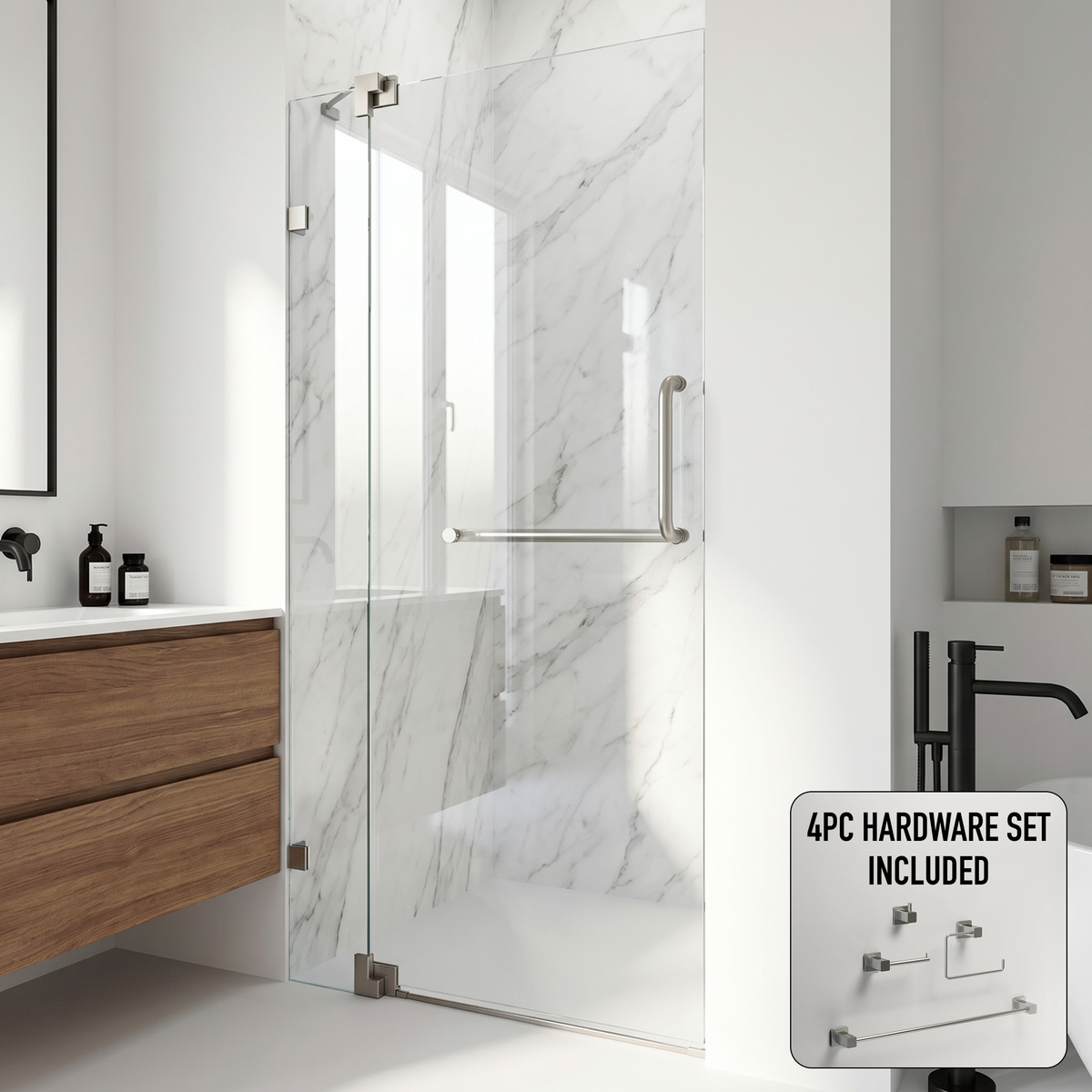 Pirouette 36 to 42 in. W x 72 in. H Frameless Pivot Shower Door and Meridian 4-Piece Bath Hardware Set in Brushed Nickel