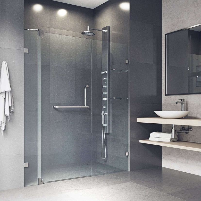 Tempered glass shower door with brushed nickel finish and included mounting hardware