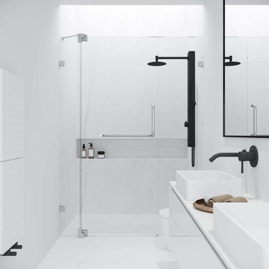 Brushed nickel frameless shower door with clear tempered glass and stainless steel bar handle