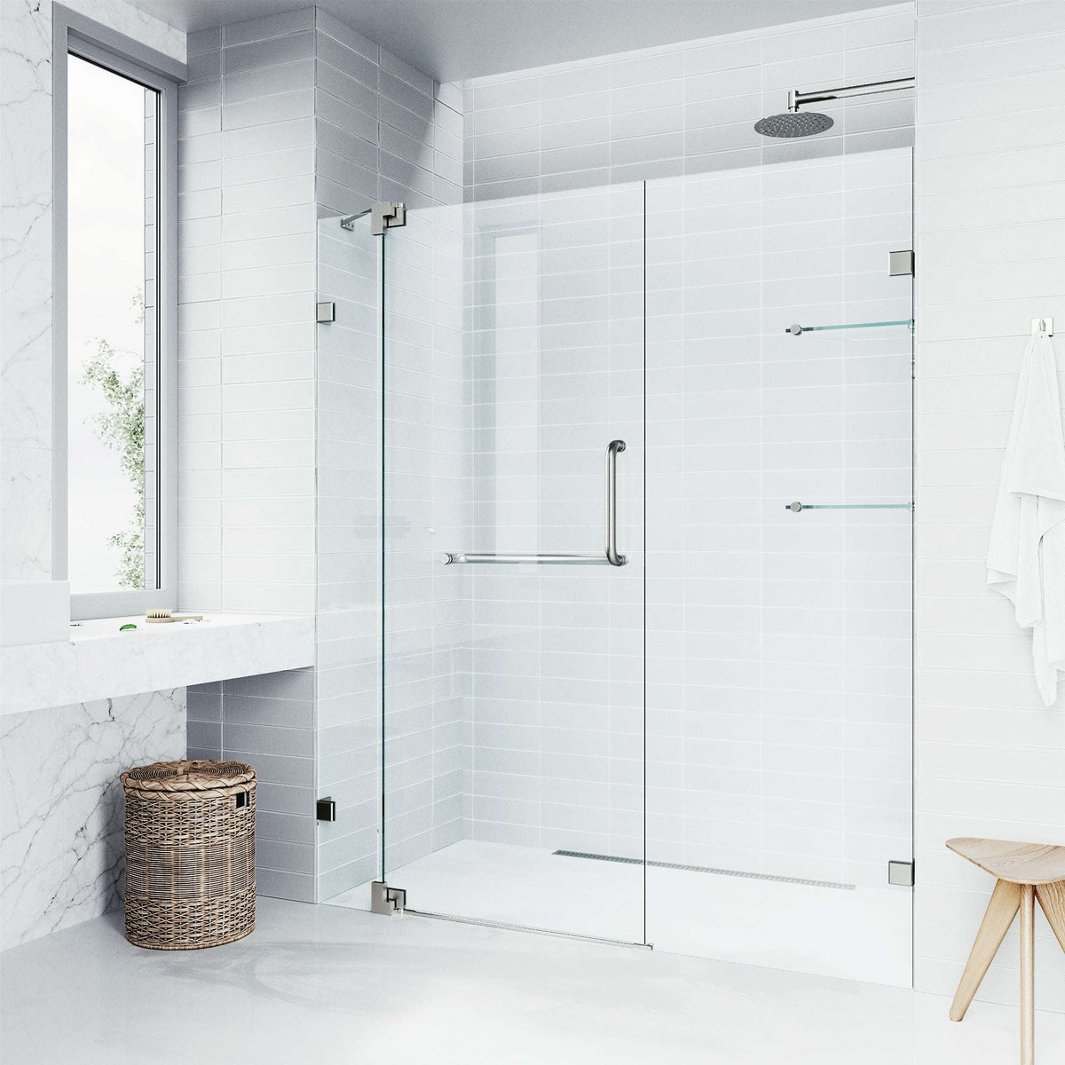 Modern frameless shower door with adjustable width 54-60 in and pivot opening