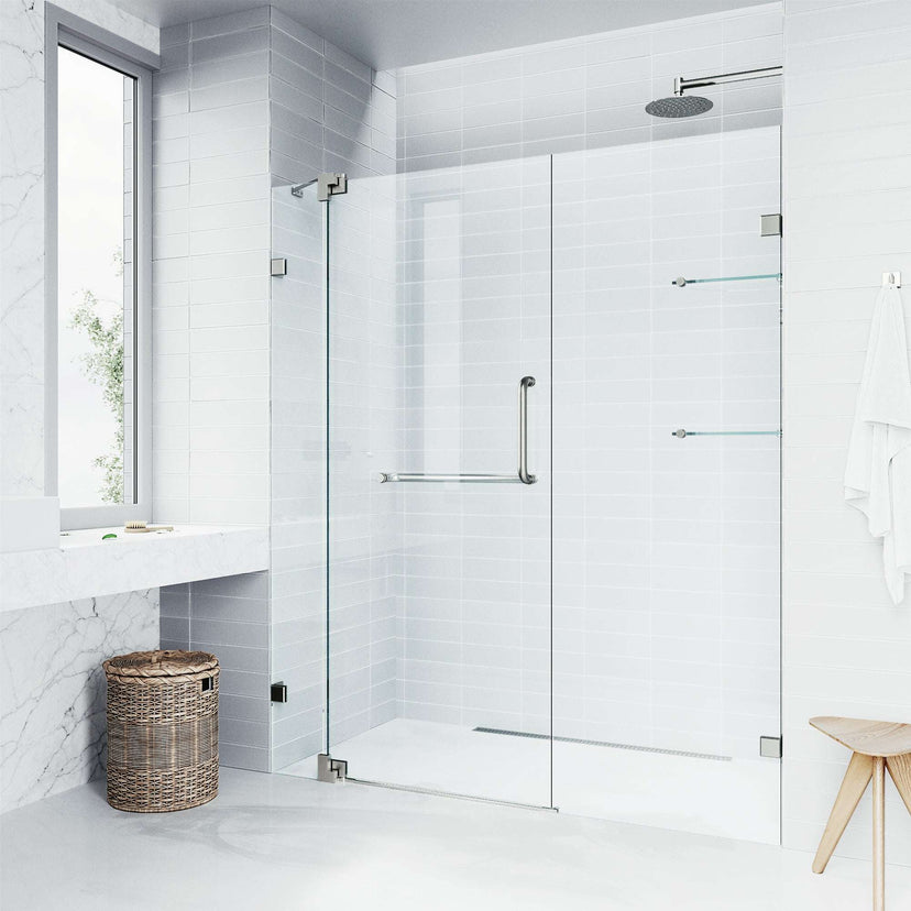 Modern frameless shower door with adjustable width 54-60 in and pivot opening