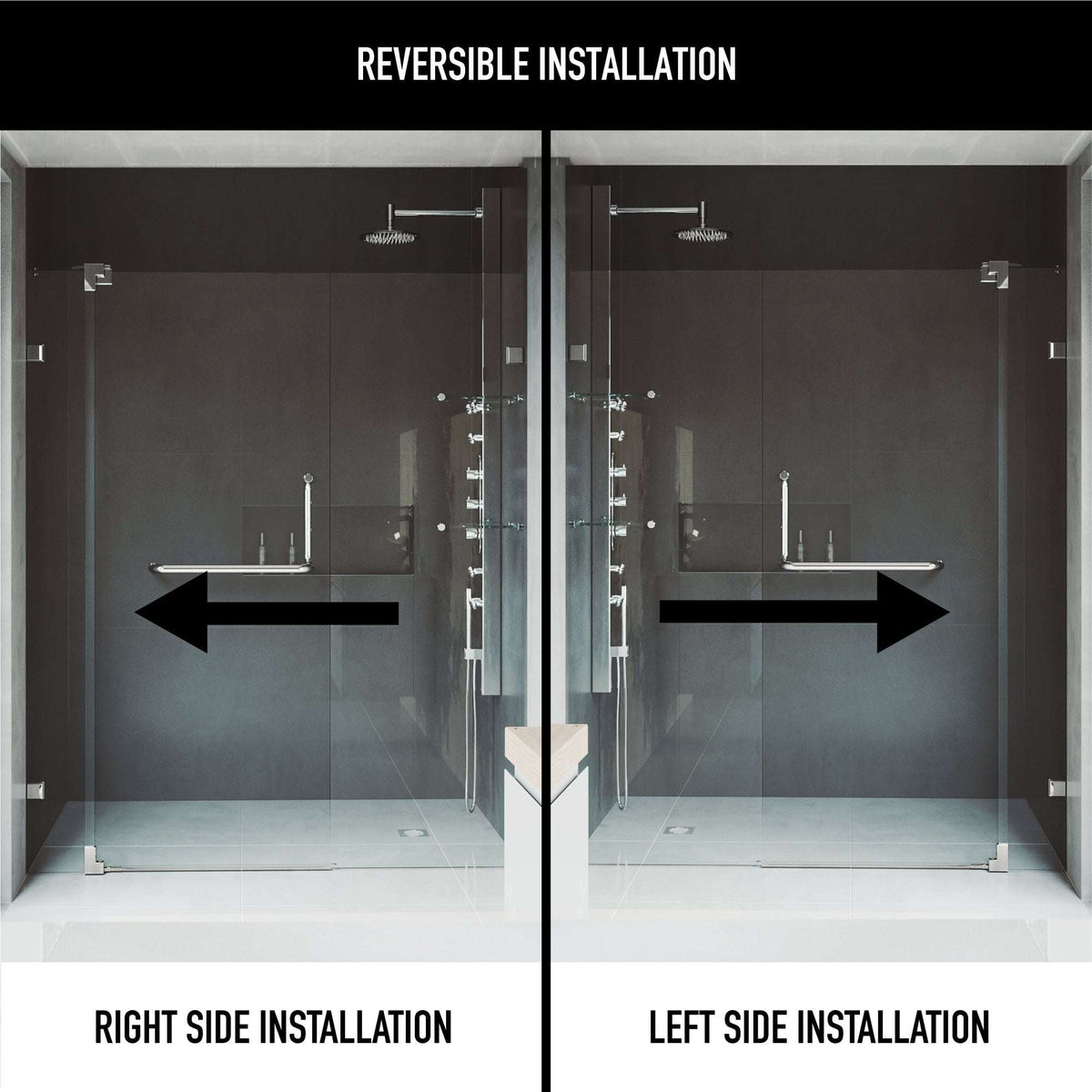 Frameless shower door with Magnalock technology and reversible door installation