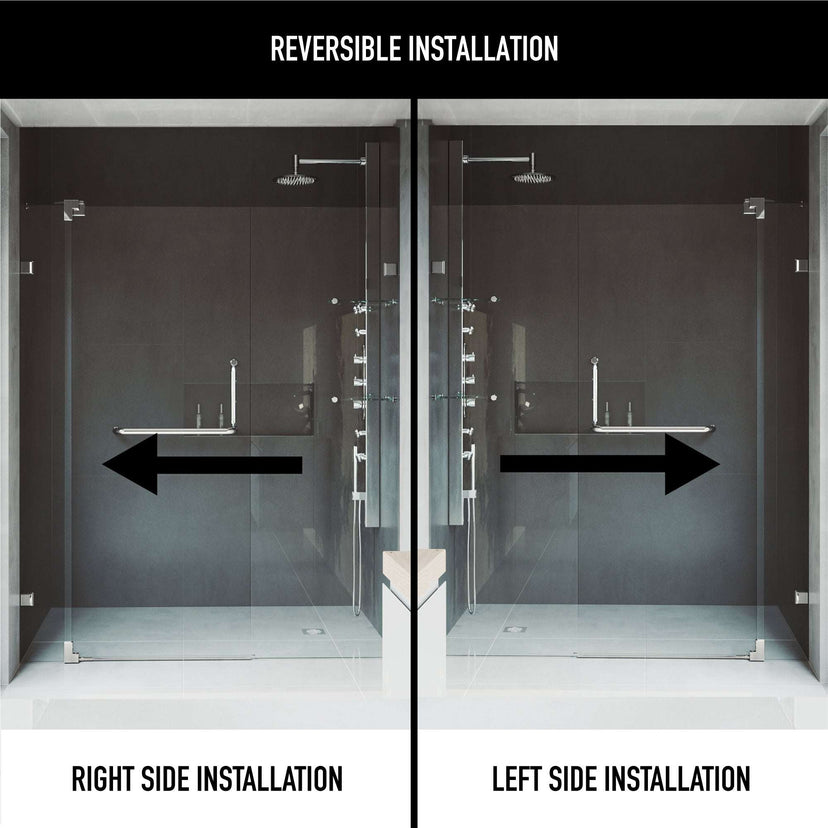 Frameless shower door with Magnalock technology and reversible door installation
