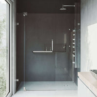 Pivot door shower enclosure with adjustable width and left or right handle position