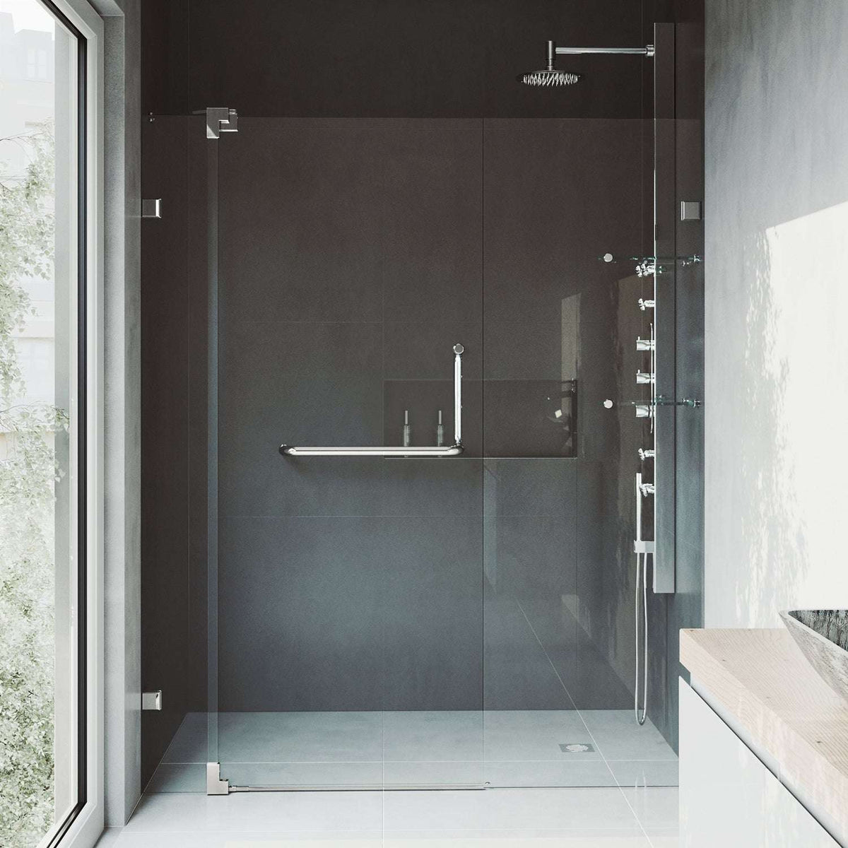 Pivot door shower enclosure with adjustable width and left or right handle position