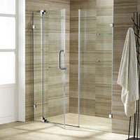 Frameless shower door with towel bar and reversible door installation