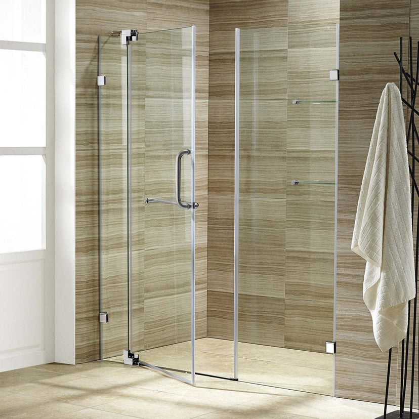 Frameless shower door with towel bar and reversible door installation