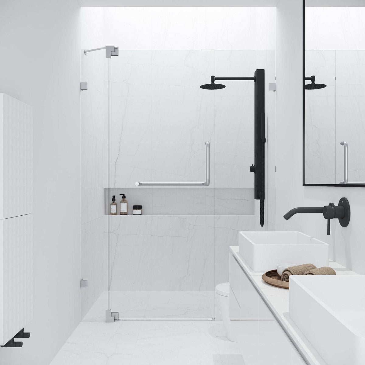 Brushed nickel frameless shower door with clear tempered glass and stainless steel bar handle