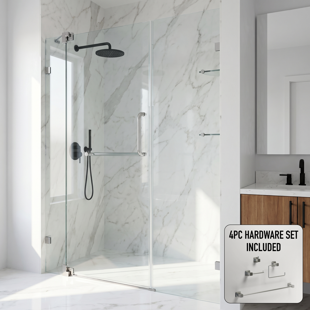 Pirouette 60 to 66 in. W x 72 in. H Frameless Pivot Shower Door and Meridian 4-Piece Bath Hardware Set in Brushed Nickel
