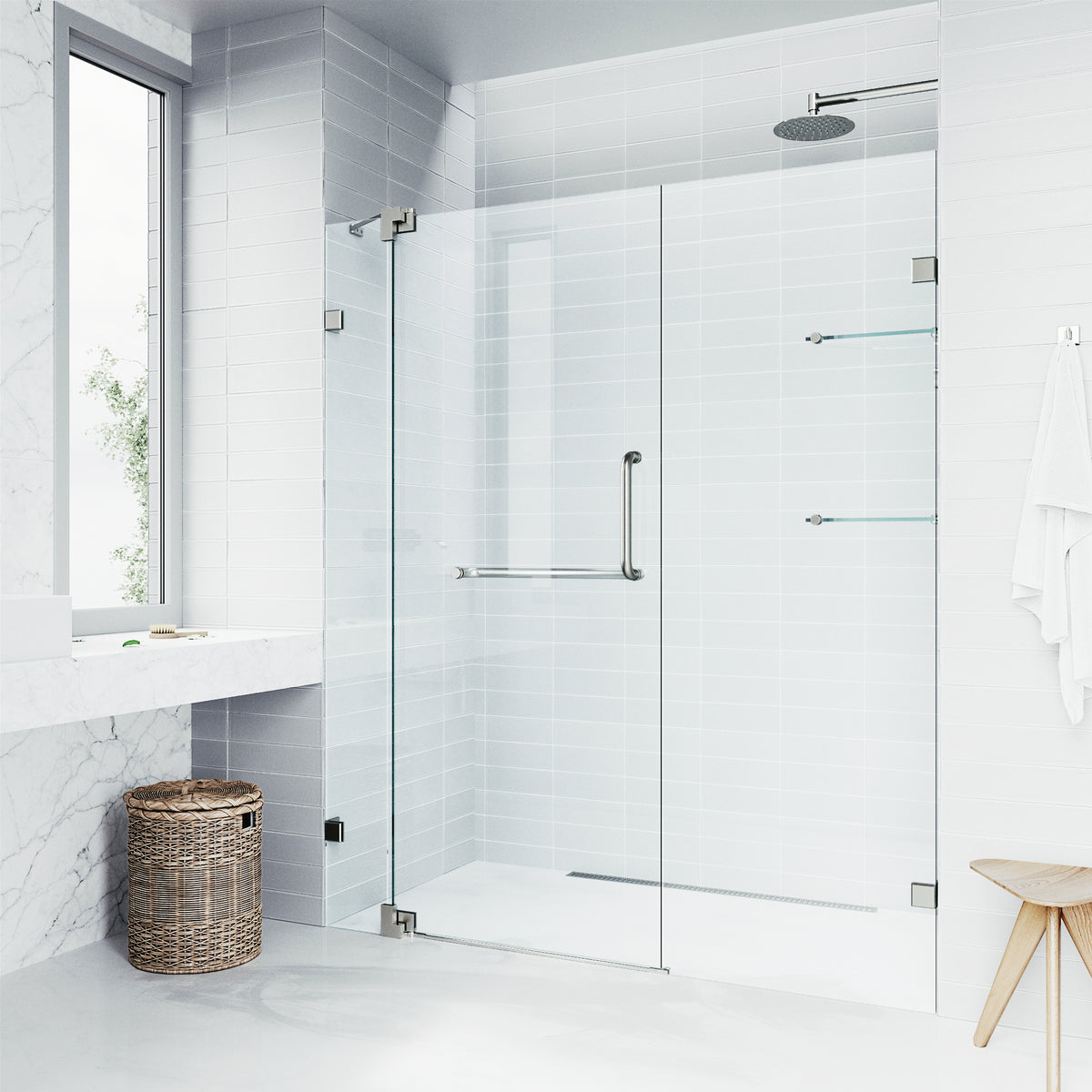 Pirouette 60 to 66 in. W x 72 in. H Frameless Pivot Shower Door and Meridian 4-Piece Bath Hardware Set in Brushed Nickel