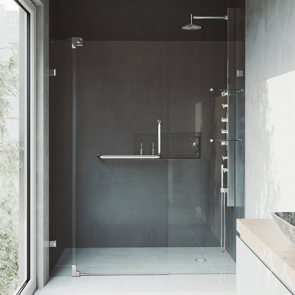 Pirouette 60 to 66 in. W x 72 in. H Frameless Pivot Shower Door and Meridian 4-Piece Bath Hardware Set in Brushed Nickel