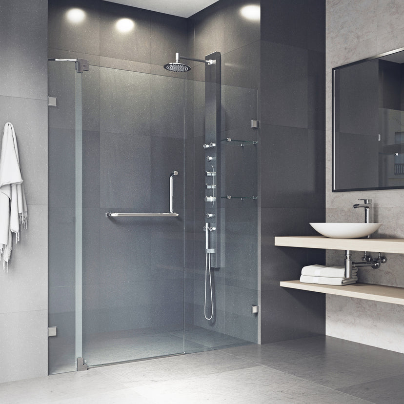Pirouette 60 to 66 in. W x 72 in. H Frameless Pivot Shower Door and Meridian 4-Piece Bath Hardware Set in Brushed Nickel