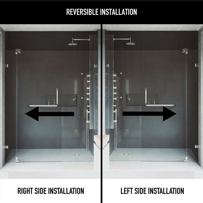 Pirouette 60 to 66 in. W x 72 in. H Frameless Pivot Shower Door and Meridian 4-Piece Bath Hardware Set in Brushed Nickel
