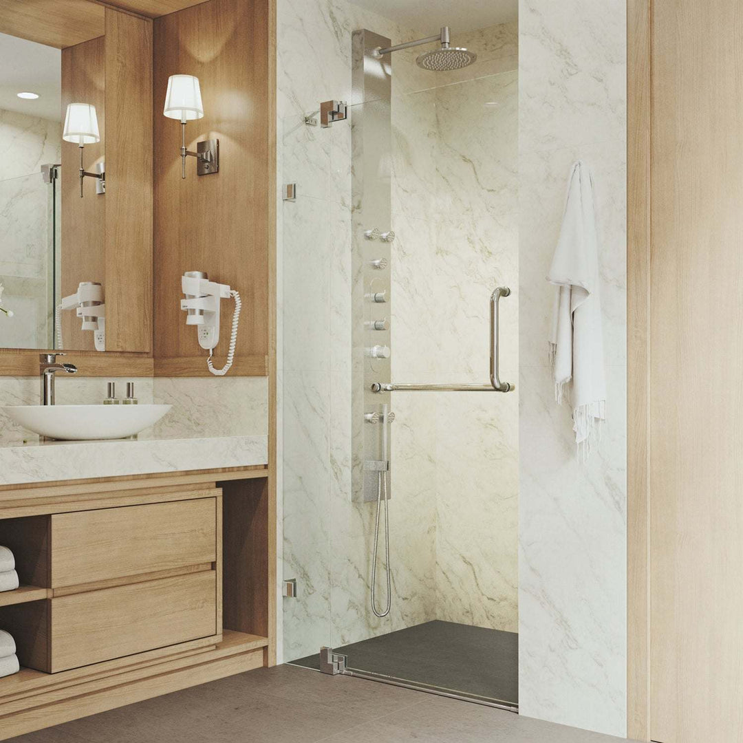 Modern frameless shower door with adjustable width 36-42 in and pivot opening