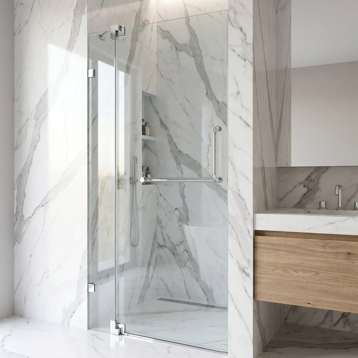 Pirouette 36 to 42 in. W x 72 in. H Frameless Pivot Shower Door and Satro 3-Piece Bath Hardware Set in Chrome