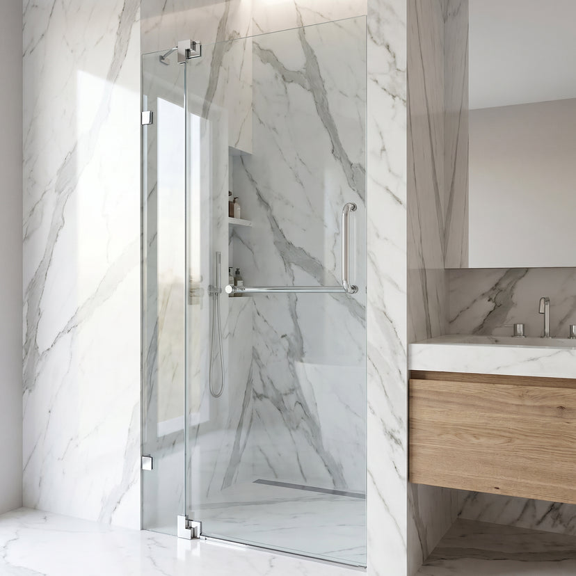 Pirouette 36 to 42 in. W x 72 in. H Frameless Pivot Shower Door and Satro 3-Piece Bath Hardware Set in Chrome