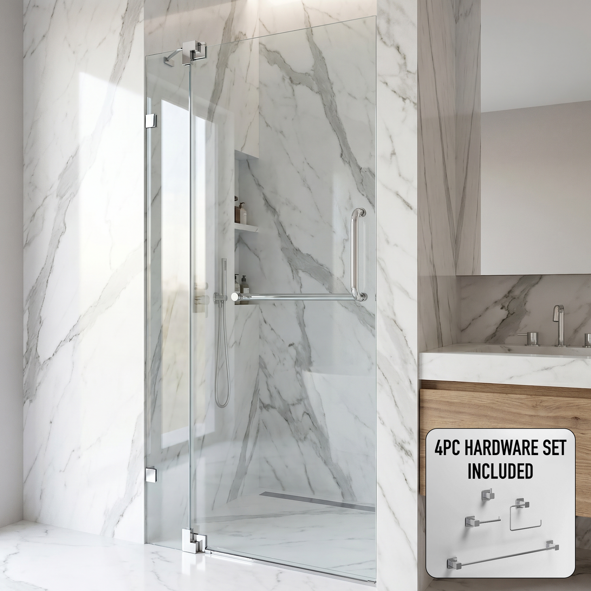 Pirouette 36 to 42 in. W x 72 in. H Frameless Pivot Shower Door and Meridian 4-Piece Bath Hardware Set in Chrome