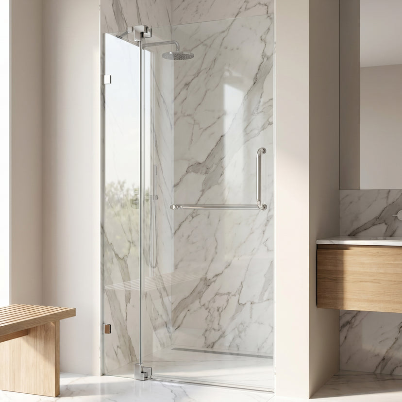 Pirouette 36 to 42 in. W x 72 in. H Frameless Pivot Shower Door and Meridian 4-Piece Bath Hardware Set in Chrome