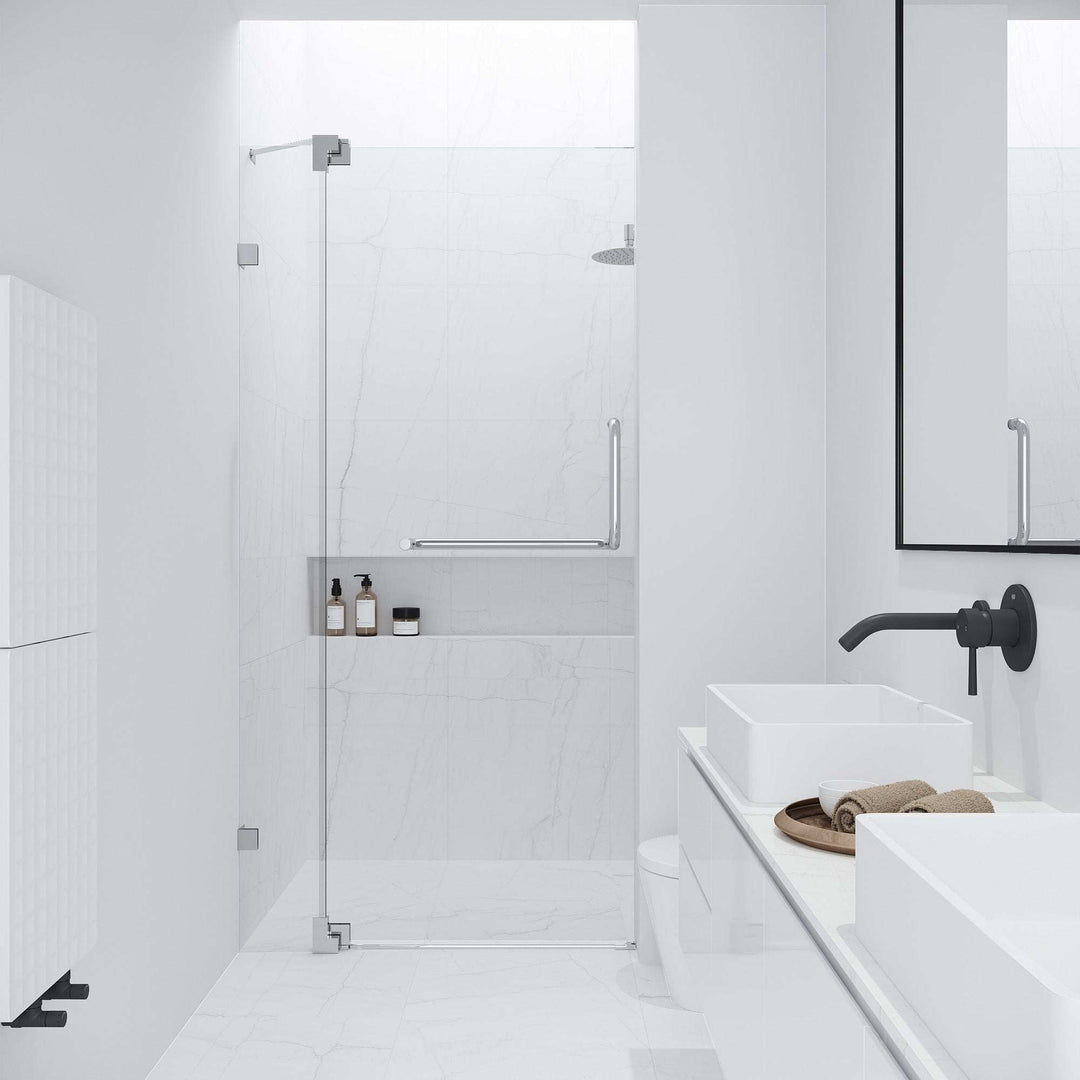 Chrome frameless shower door with clear tempered glass and stainless steel bar handle