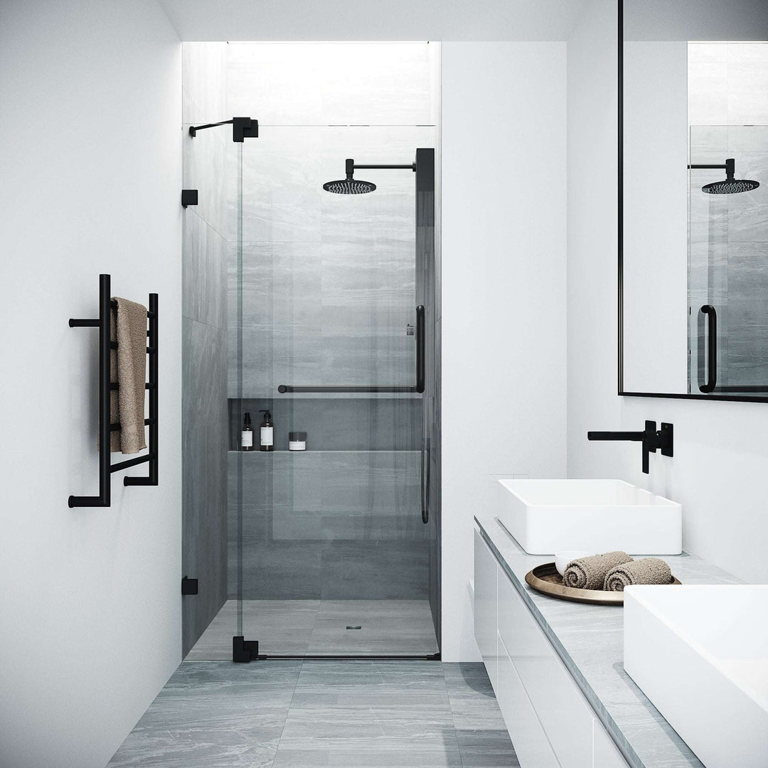 Matte black frameless shower door with clear tempered glass and stainless steel bar handle