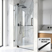 Pirouette 30-36 in. W x 71 in. H Pivot Frameless Shower Door in Matte Black with 3/8 in. (10mm) Clear Glass and Elan 24 in. Linear Shower Drain