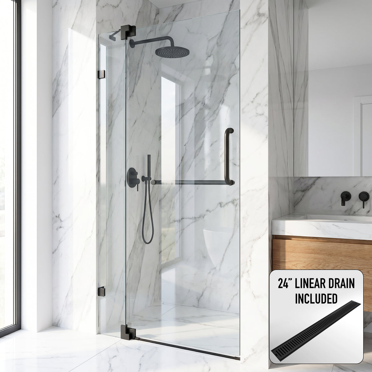 Pirouette 30-36 in. W x 71 in. H Pivot Frameless Shower Door in Matte Black with 3/8 in. (10mm) Clear Glass and Elan 24 in. Linear Shower Drain