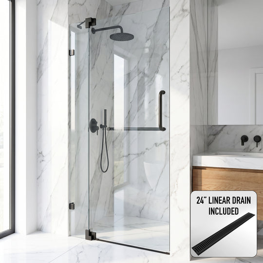 Pirouette 30-36 in. W x 71 in. H Pivot Frameless Shower Door in Matte Black with 3/8 in. (10mm) Clear Glass and Elan 24 in. Linear Shower Drain