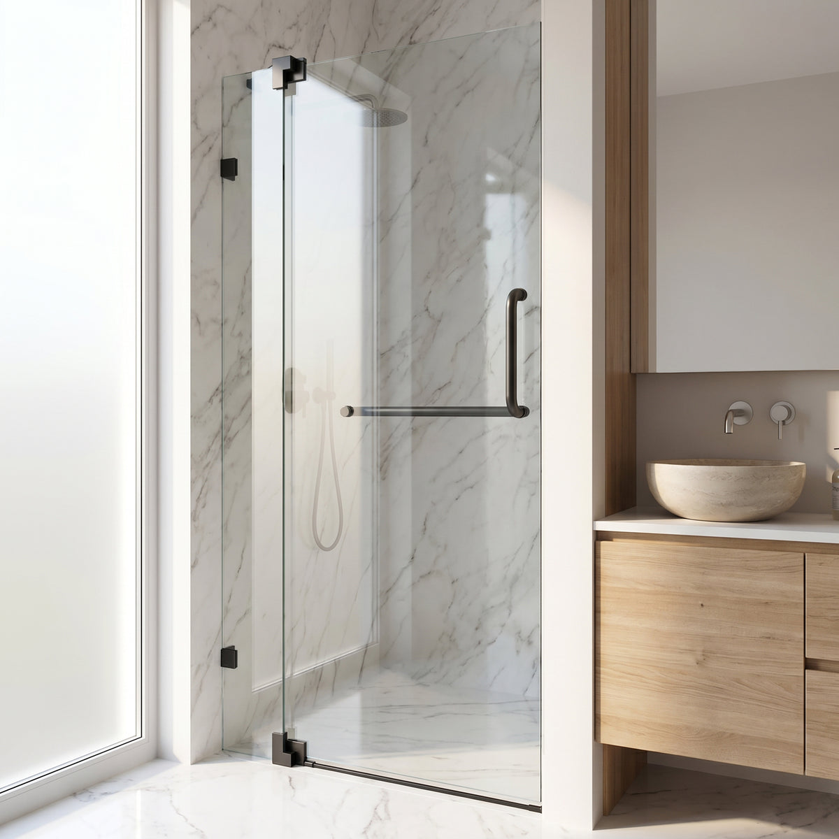 Pirouette 30-36 in. W x 71 in. H Pivot Frameless Shower Door in Matte Black with 3/8 in. (10mm) Clear Glass and Elan 24 in. Linear Shower Drain