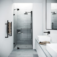 Pirouette 30-36 in. W x 71 in. H Pivot Frameless Shower Door in Matte Black with 3/8 in. (10mm) Clear Glass and Elan 24 in. Linear Shower Drain