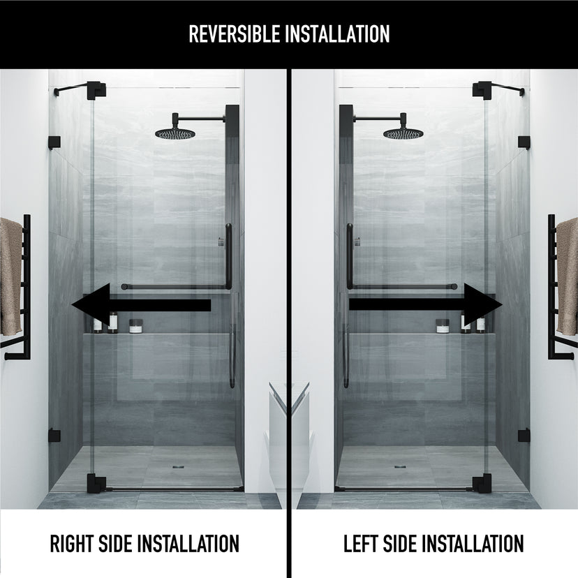 Pirouette 30-36 in. W x 71 in. H Pivot Frameless Shower Door in Matte Black with 3/8 in. (10mm) Clear Glass and Elan 24 in. Linear Shower Drain